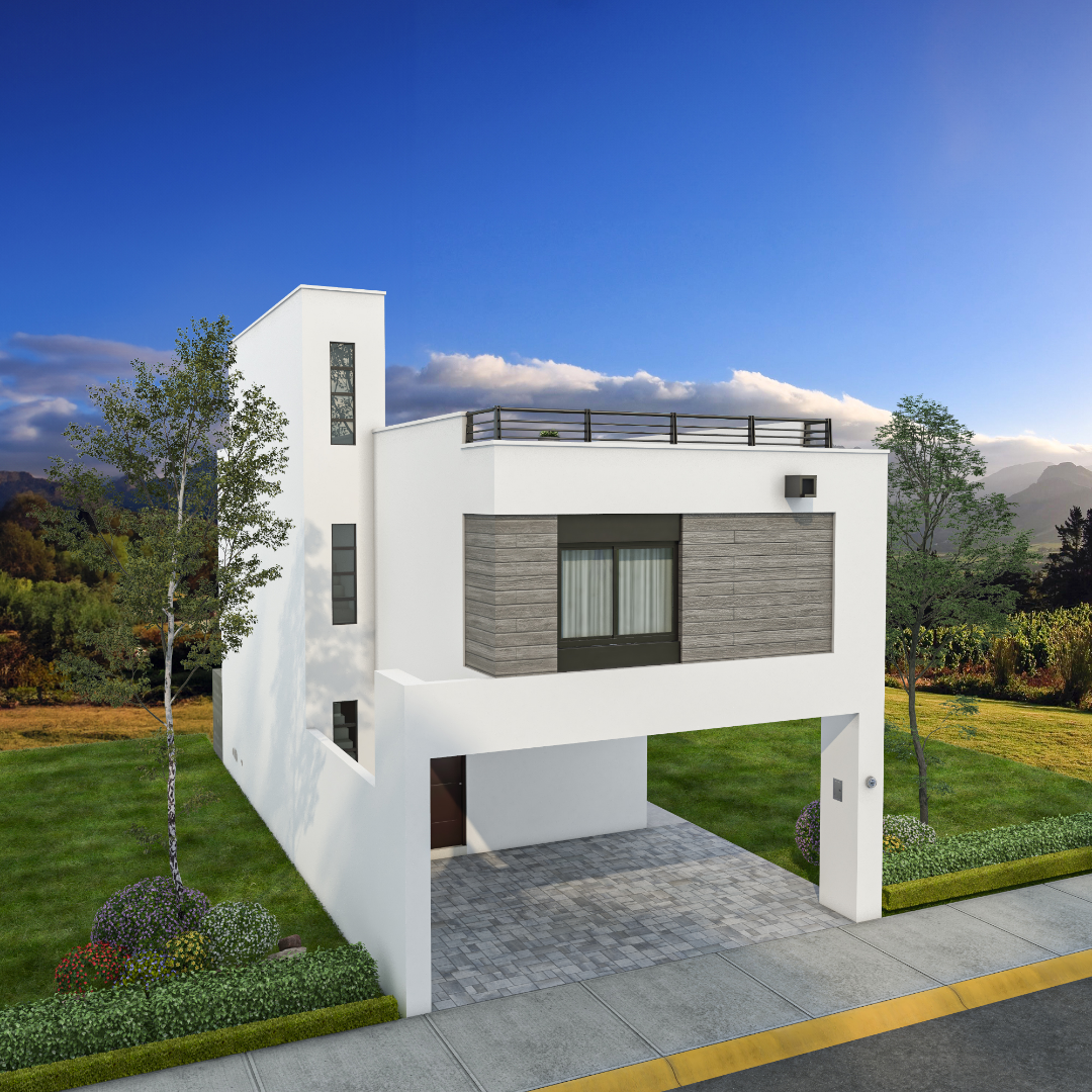 2024 Modelo Brescia fachada 1 Andara Residencial en Guadalupe Nuevo Leon 1080 x 1080 – terraza con asador y medio baño exterior